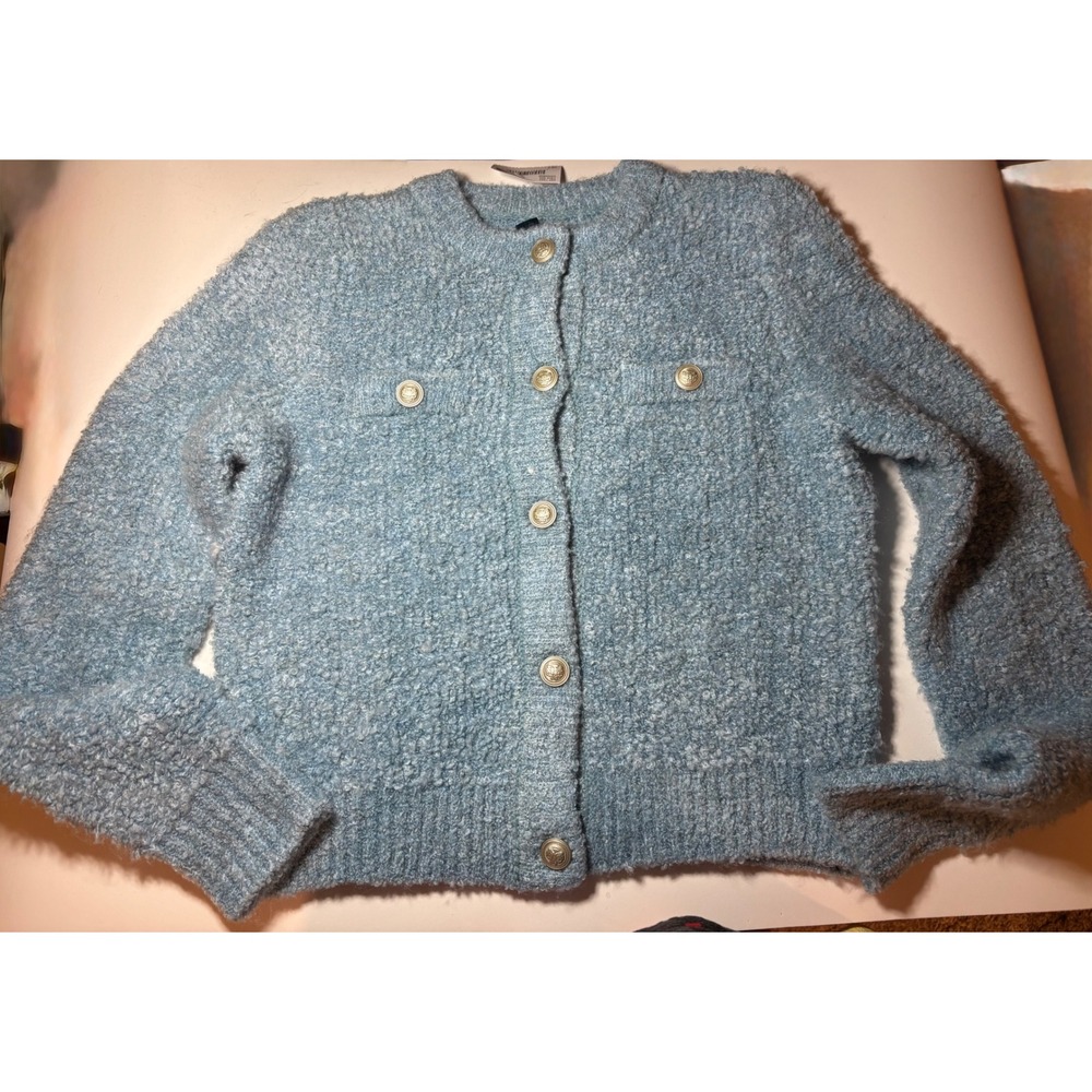 NWT American Eagle Boucle Knit Cardigan Jacket Light Blue Gold Buttons Size S